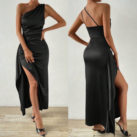 Slashed Formal Robe Dresses | Luxe Ruched One Shoulder Slit Thigh Formal Prom Wedding Satin ...